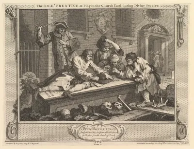 The Idle 'Prentice at Play in the Churchyard: Industry and Idleness, plate 3
