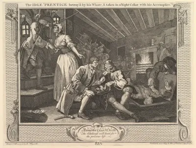 The Idle 'Prentice Betrayed by his Whore and Taken into a Night Cellar with his Accomplice: Industry and Idleness, plate 9