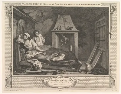 The Idle 'Prentice Returned from Sea and in a Garret with a Common Prostitute (Industry and Idleness, plate 7)