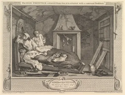 The Idle 'Prentice Returned from Sea and in a Garret with a Common Prostitute: Industry and Idleness, plate 7