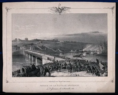 The Imperial flotilla passing a large crowd of onlookers at a bridge in St