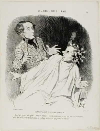 The Inconvenience of Having His Hair Curled. “Oh blast.... look here, watch out... you are burning me.... I am meeting someone, and I want you to make me look good....... but in order to declare my burning passion, I don't need to smell scorched!,” p