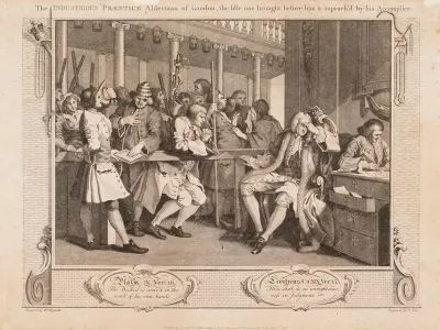 The Industrious 'Prentice Alderman of London, The Idle One Brought Before Him and Impeached by his Accomplices (Industry and Idleness, plate 10), after William Hogarth