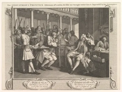 The Industrious 'Prentice Alderman of London, The Idle One Brought Before Him and Impeached by his Accomplices (Industry and Idleness, plate 10)