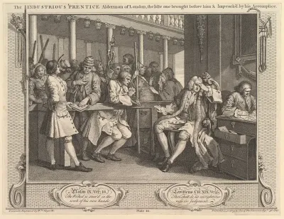 The Industrious 'Prentice Alderman of London, the Idle One Brought Before Him & Impeached by his Accomplice: Industry and Idleness, plate 10