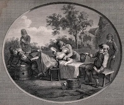 The inevitable consequences of over-indulgence: two drunk men seize a young woman