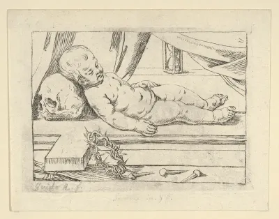 The infant Christ asleep on a cross, his head resting on a skull, a crown of thorns and nails in the foreground