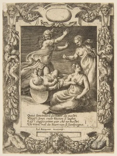 The infant Hercules killing the snakes, set within an elaborate frame, from "Loves, Rages and Jealousies of Juno"