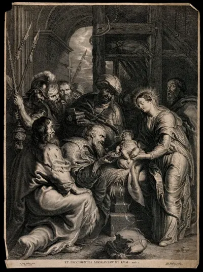 The infant Jesus grabs at the gold offered to him by the Magi