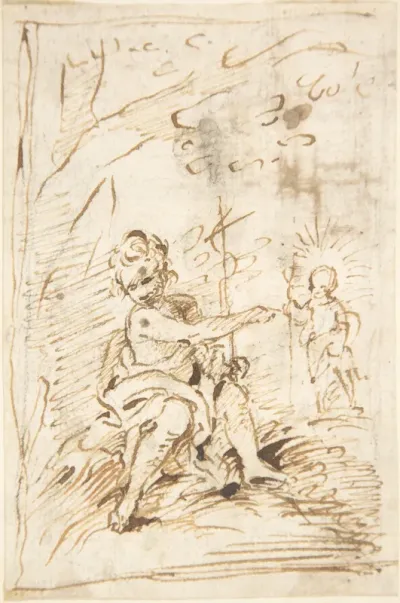 The Infant Saint John the Baptist with the Infant Christ in the Wilderness (recto); Fragment of Architectural Design with Engaged Corinthian Columns (verso)