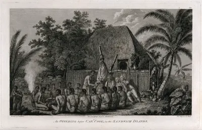 The inhabitants of the Hawaiian Islands offering to Captain Cook the sacrifice of a pig
