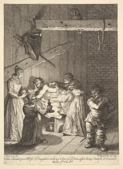 The Innkeeper's Wife & Daughter taking Care of ye Don after being beaten & bruised (Six Illustrations for Don Quixote)