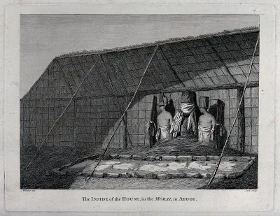 The inside of a hut in a morai, place of burial and worship, in Atooi (Kauai); encountered by Captain Cook on his third voyage (1777-1780)