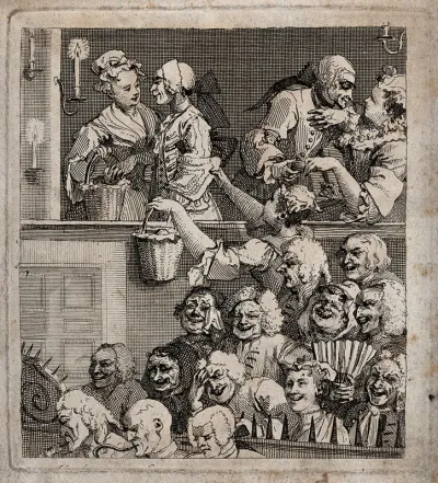 The inside of a theatre and the reactions of different parts of the audience to the unseen play