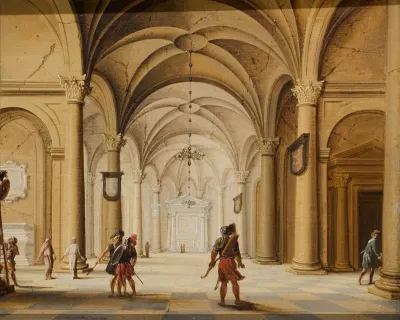 The interior of a cathedral with soldiers in the foreground