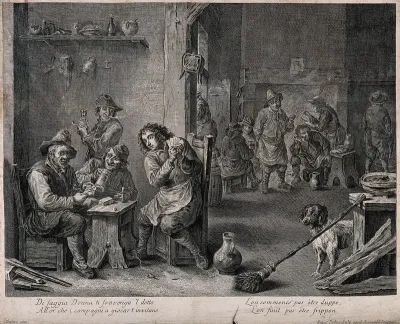 The interior of a dingy smoke den where groups of men smoke, drink and play cards