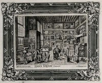 The interior of a gallery hung with paintings and with tables laden with sculpture and curiosities