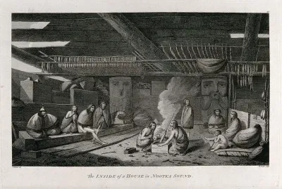 The interior of a house on the island of Nootka Sound, British Columbia, Canada, with some of its inhabitants encountered by Captain Cook on his third voyage (1777-1780)
