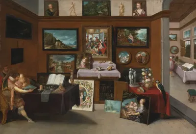 The interior of a picture gallery with connoisseurs admiring paintings