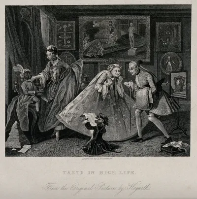 The interior of a salon with fashionable people in hoop skirts and corsets, and in which even the servant and the dog are dressed up; satire of contemporary fashion