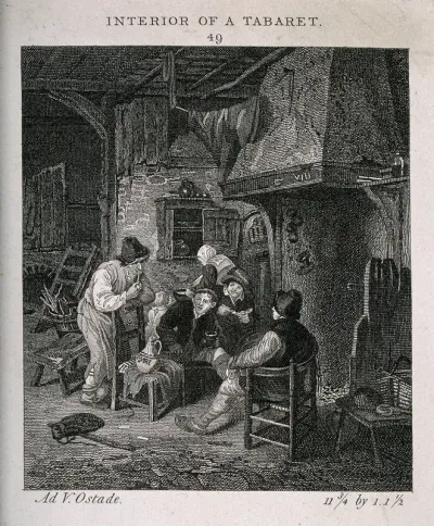 The interior of a tavern with men smoking and drinking round the fireplace