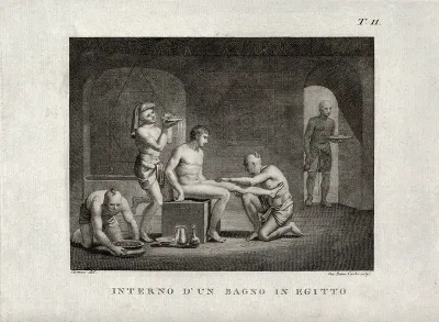 The interior of an Egyptian bath-house; a seated man is being washed and attended to by four male servants