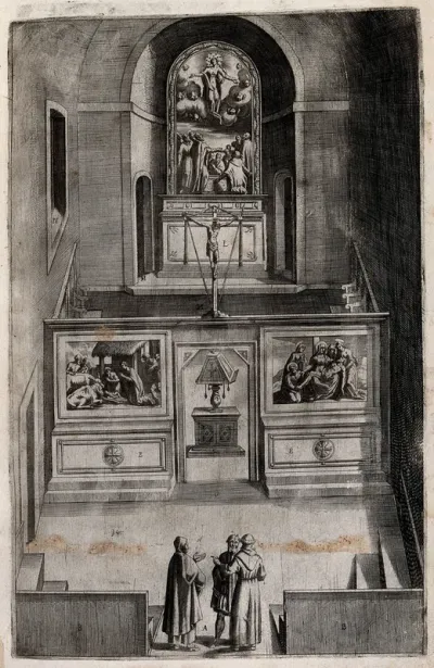 The interior of the smaller church on Mount Verna; decorated with paintings of the life of Christ: birth, descent from the cross and the ascension