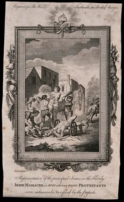 The Irish Massacre in 1642: men are being hanged, beaten and dragged by their feet behind horses while a woman has her nipples cut off with large scissors