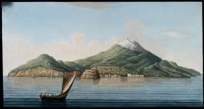 The island of Ischia seen from the sea, showing volcanic features
