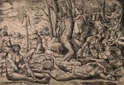 The Israelites afflicted by a plague of serpents; two men worshipping the brazen serpent erected by Moses