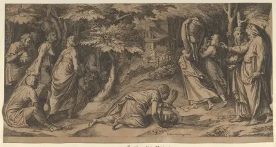 The Israelites fleeing Egypt with Moses at right extending his right hand and with a woman carrying an urn prostrate before him