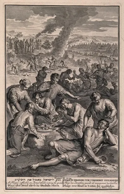 The Israelites struck by plague while eating quails