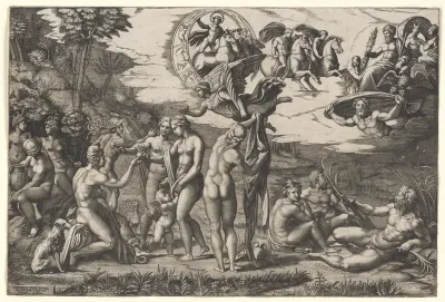 The Judgment of Paris: he is sitting at left with Venus, Juno and Pallas Athena, a winged victory above. In the upper section the Sun in his chariot preceeded by Castor and Pollux on horseback, at lower right two river gods and a naiad above whom Jup