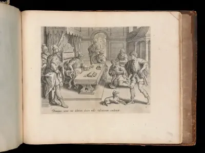 The King Cancelling his Servant's Debt, from the Parable of the Unmerciful Servant, bound in "Thesaurus Sacrarum historiarum Veteris et Novi Testamenti"