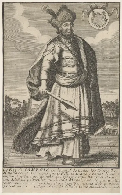 The King of Cambodia standing with a sceptre in his right hand