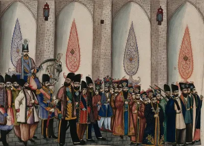 The king of Persia sitting on a horse with his entourage of officers, bodyguards, footmen and executioners around him