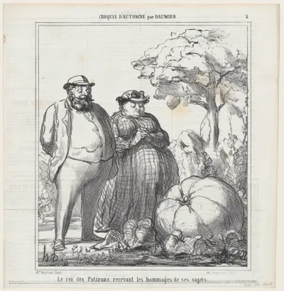 The king of pumpkins receiving the homage of his subjects, from 'Autumn sketches,' published in Le Charivari, September 23, 1865