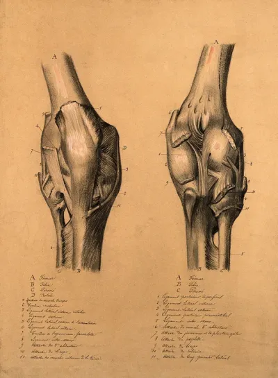 The knee joint: two studies, showing the bones and ligaments of the knee