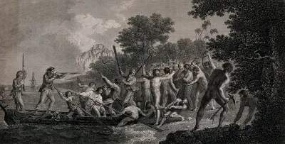The landing of Captain Cook's men on the island of Eromanga, Vanuatu, in August 1774, resisted by a crowd of hostile inhabitants