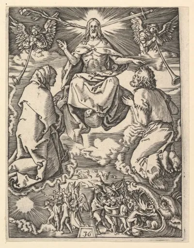 The Last Judgment; Christ with lily and sword at top, flanked by Virgin and St John the Baptist interceeding on behalf of the humans below, from "The Passion of Christ", after Dürer