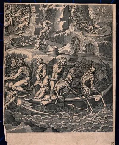 The Last Judgment: sinners in hell are tortured by monstrous devils as a ferry carries new arrivals to the same fate