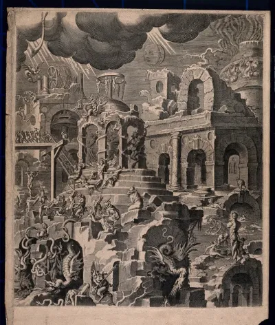 The Last Judgment: the world lies in ruins and sinners in hell are tortured by monstrous devils