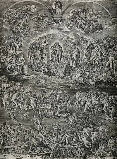 The Last Judgment with a portrait of Michelangelo set into fictive framing arch