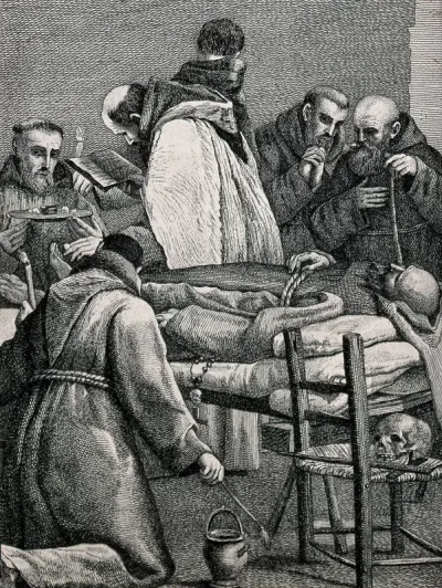 The last rites being administered at the deathbed of a dying monk