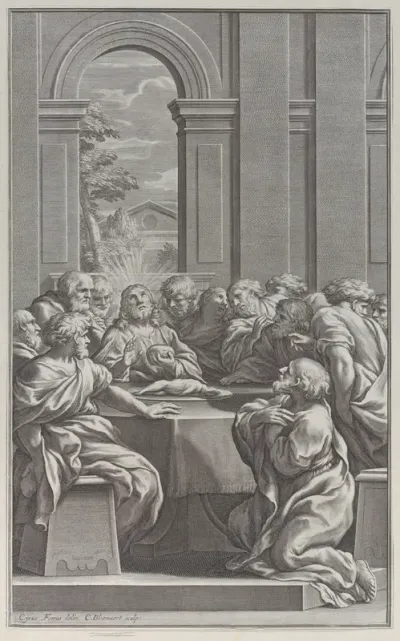The Last Supper, the interior of a classical building with Christ and his apostles seated at a table