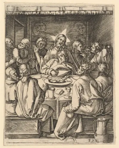 The Last Supper; The last supper with Christ sitting in the center embracing John, from "The Passion of Christ", after Dürer