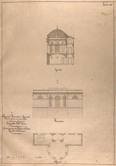 The lazaretto at Foce: section, facade and floor plan of part of the hospital