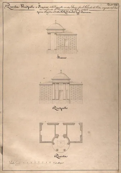 The lazaretto of Varignano at La Spezia: section, facade and floor plan of the chapel