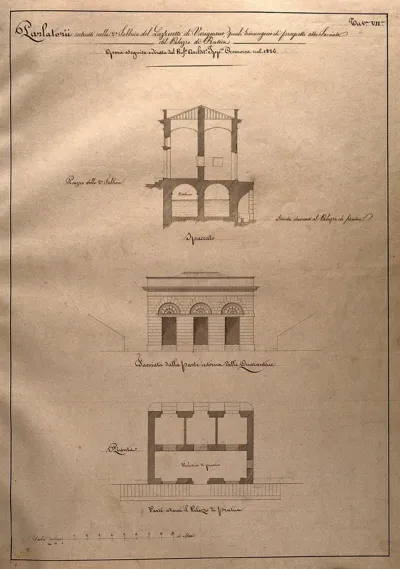 The lazaretto of Varignano at La Spezia: section, facade and floor plan of the visiting room