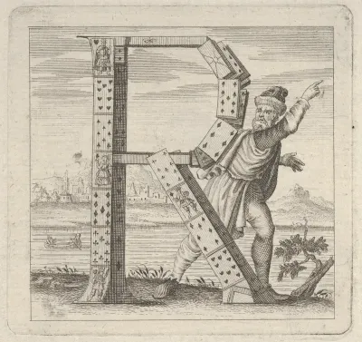 The letter R, constructed from a court pack of playing cards, stands on a riva (river bank)